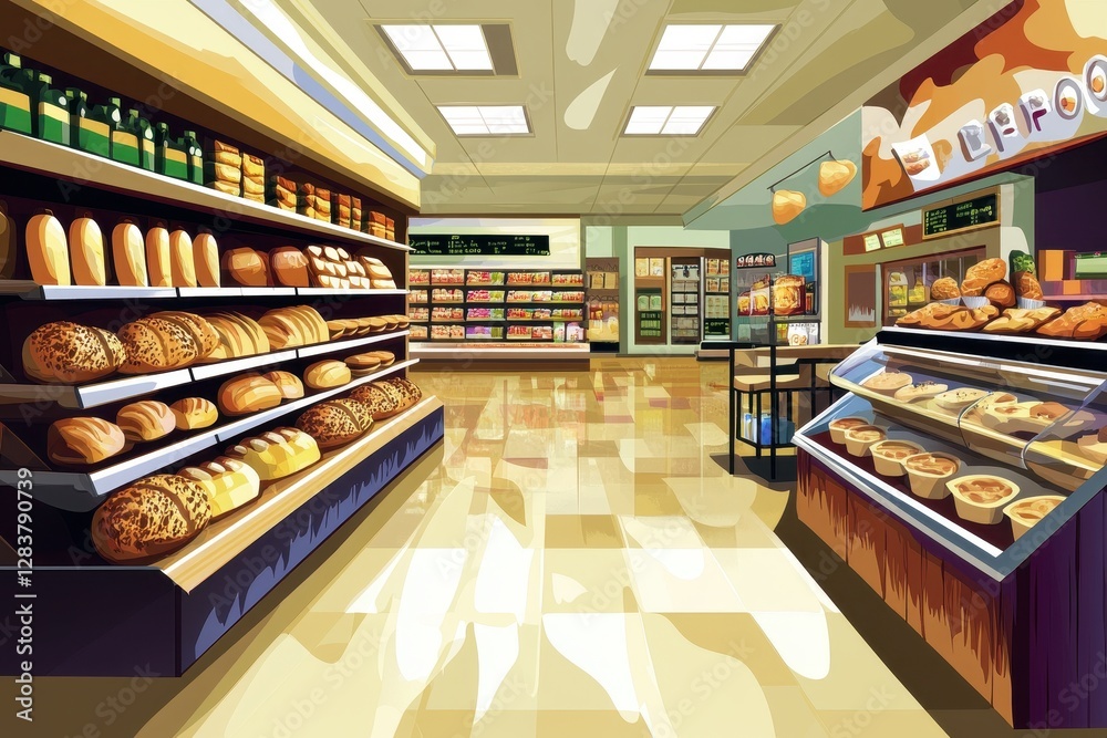 Fototapeta premium Cozy Bakery Interior with Fresh Bread and Pastries Displayed
