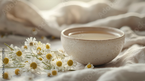 Chamomile blossoms surround a tea bowl, soft light and linen create a calming botanical spa scene. photo