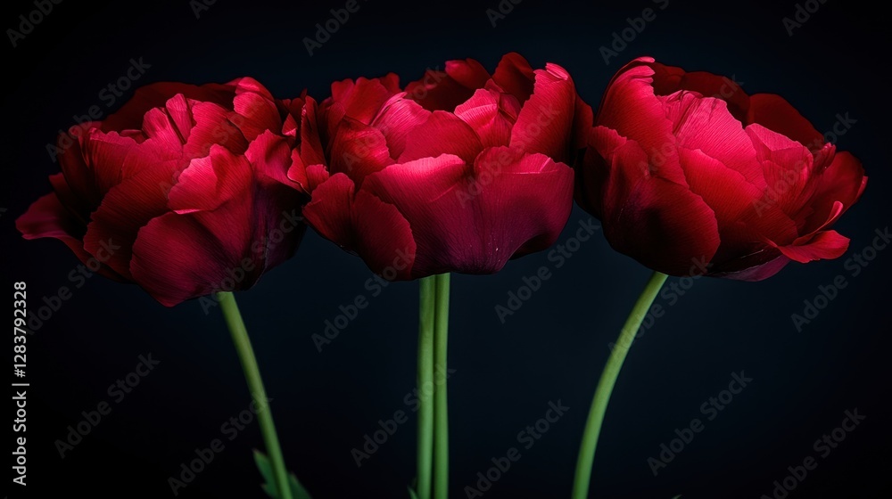 Three dark red tulips, close-up, dark background, floral arrangement, perfect for greeting cards Three dark red tulips, close-up, dark background, floral arrangement, perfect for greeting cards