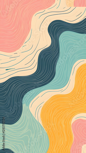 A pattern of wavy lines in pastel colors, creating an abstract background with a sense of movement and depth
