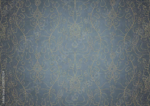 Wallpaper Mural Hand-drawn unique abstract gold ornament on a light blue background, with vignette of darker background color and golden glittery sparks. Paper texture. Digital artwork, A4. (pattern: p13-1b) Torontodigital.ca