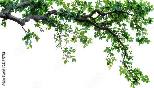 Green Tree Branch with Leaves on White Background – Nature Design & Botanical Projects, graphic design projects, nature-themed backgrounds, stock photo platforms, eco-friendly brandin