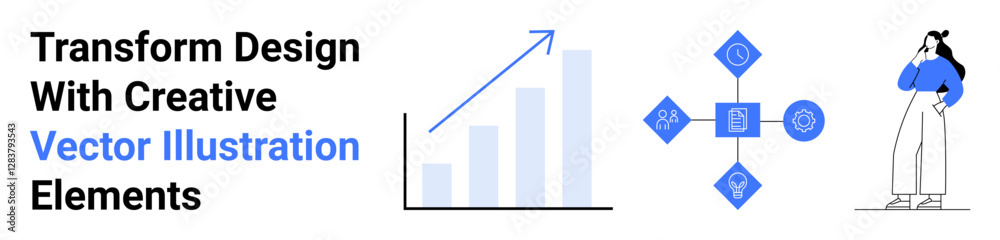 Bar graph with upward arrow, geometric icons, and a thinking character. Ideal for creativity, analytics, ideas, strategy, innovation growth business visuals. Perfect flat landing page banner Bar graph with upward arrow, geometric icons, and a thinking character. Ideal for creativity, analytics, ideas, strategy, innovation growth business visuals. Perfect flat landing page banner