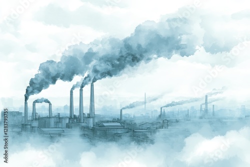 Industrial Landscape with Smokestacks and Heavy Air Pollution Effects