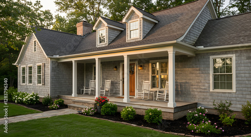 Inviting Cape Cod Style House with Covered Porch and Rocking Chairs
