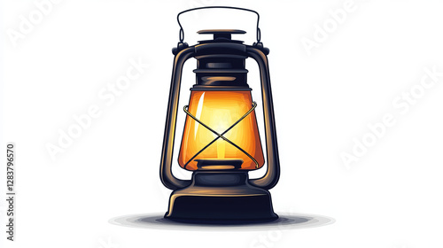 Vintage oil lamp, old gas lantern. Vector cartoon icon of antique glass kerosene lantern with handle. Glowing retro camp lamp isolated on white background