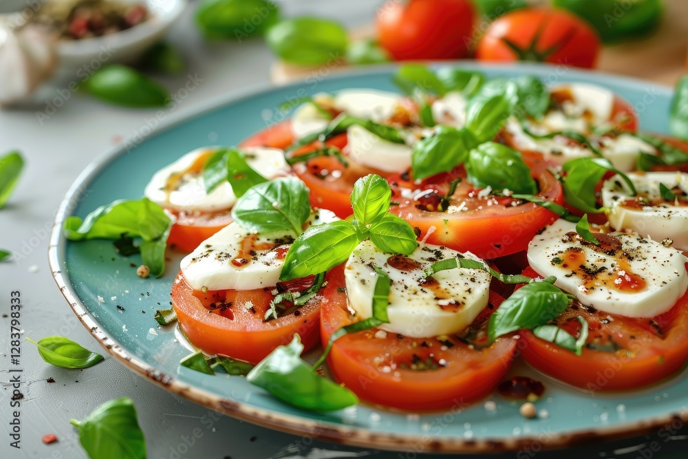 Caprese salad close-up. Blue plate with tomatoes, mozzarella and basil leaf. Caprese salad close-up. Blue plate with tomatoes, mozzarella and basil leaf.