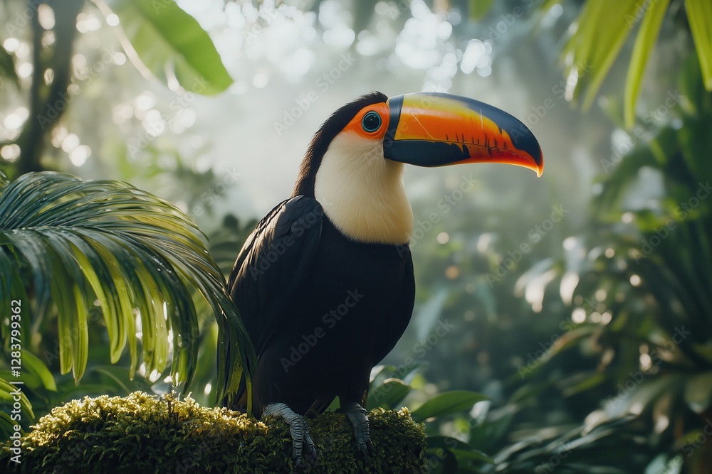 Fototapeta premium Majestic Toucan in Lush Rainforest: Vibrant Colors and Tropical Paradise