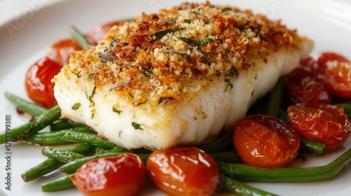 a tender baked cod fillet with a crispy herb and breadcrumb crust, served with roasted cherry tomatoes and green beans.
