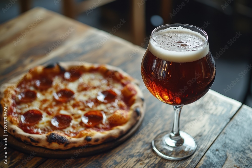 Craft Beer and Savory Pizza on Rustic Wooden Table - Perfect Pairing for Culinary Delight Craft Beer and Savory Pizza on Rustic Wooden Table - Perfect Pairing for Culinary Delight