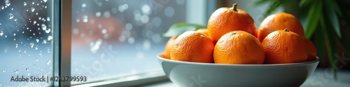 A bowl of bright orange oranges rests against a cold glass window, bowl, natural light