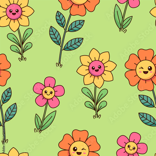 Cute kawaii flower lawn, garden seamless pattern, background. Simple flowers in a cartoon comic style, kids, children illustration.