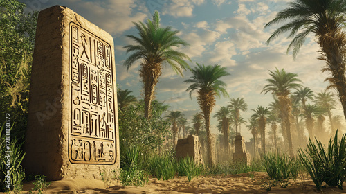 Ancient Egypt stone board or clay plate cartoon vector with hieroglyphs and Egyptian symbol, tall green trees, date palms grove isolated on white background photo