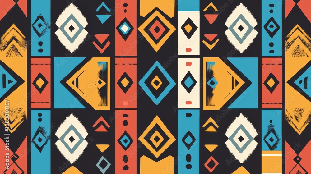 Colorful Geometric Pattern with Bold Shapes and Vibrant Colors on a Dark Background, Ideal for Creative Projects and Design Applications Colorful Geometric Pattern with Bold Shapes and Vibrant Colors on a Dark Background, Ideal for Creative Projects and Design Applications