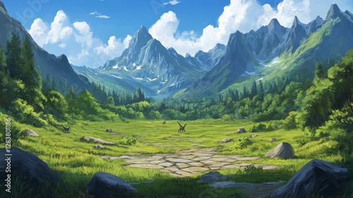 Fototapeta Naklejka Na Ścianę i Meble -  Prehistoric landscape with dinosaurs, mountains, green grass and cracks in ground after earthquake. Summer scene with ancient reptiles in jurassic or cretaceous time, vector cartoon illustration