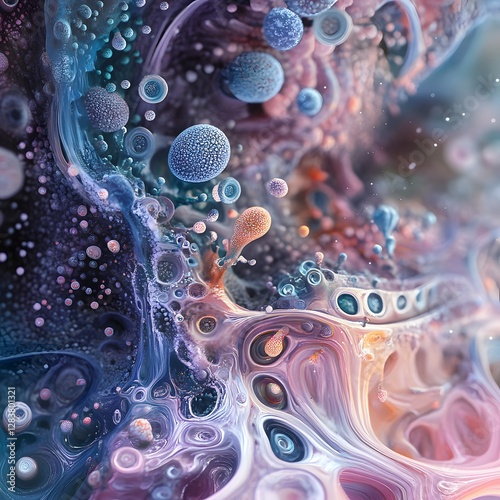 Microorganism colony, hyper-detailed cellular structures, soft gradients, swirling forms, microcosmic world