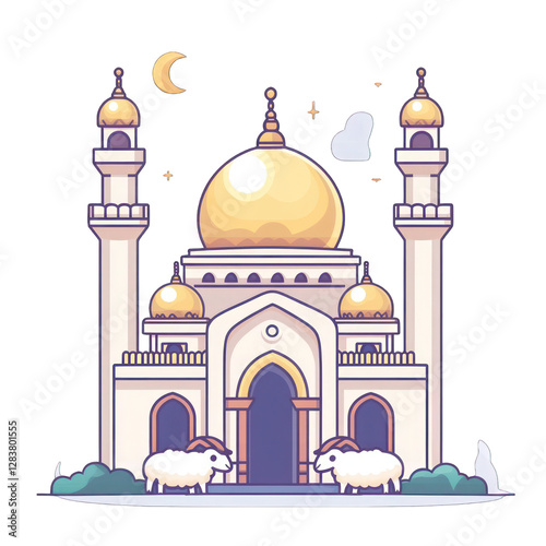 Cute Eid al-Adha Mosque Illustration with Sheep and Crescent Moon