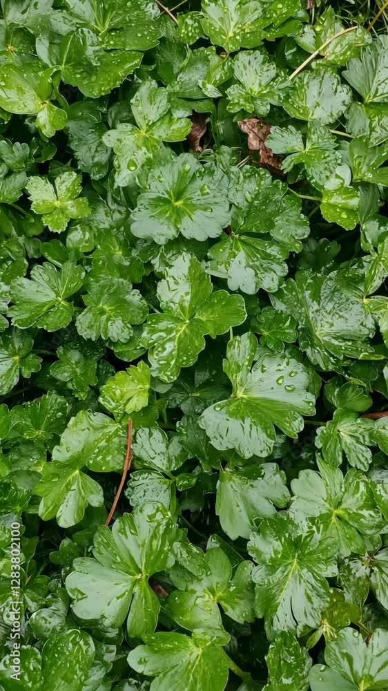 Lush green ground cover with water droplets after a rain in a serene natural setting