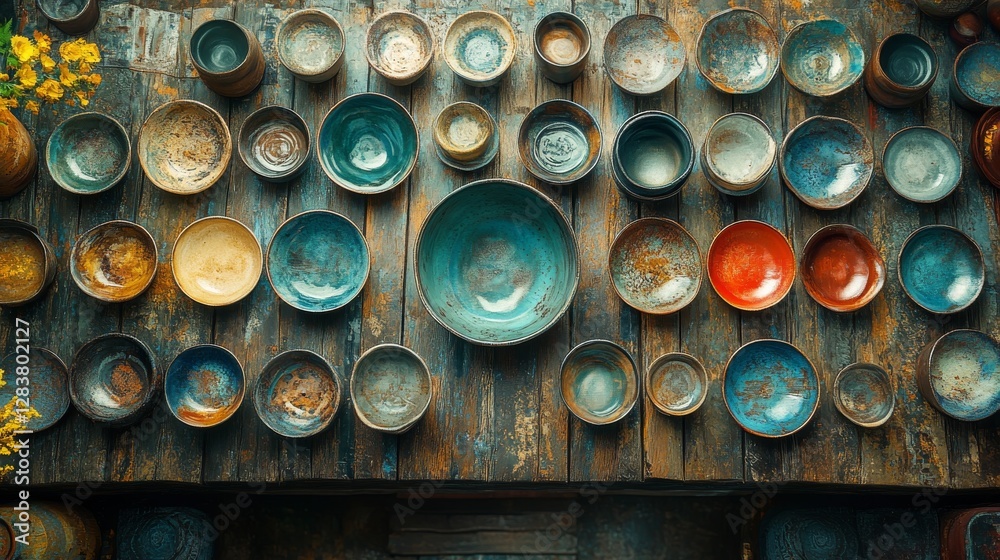 Colorful ceramic bowls arranged on rustic wooden table. Colorful ceramic bowls arranged on rustic wooden table.