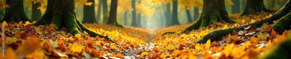 A carpet of yellow leaves on a forest floor, with a few fallen branches scattered around, trees, scenery, forest