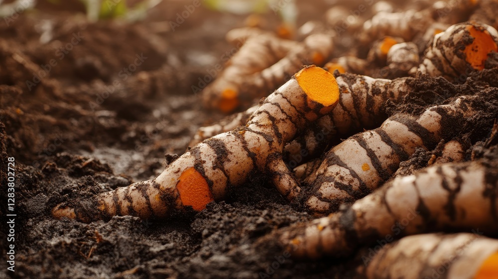 Freshly Harvested Turmeric Roots with Soil in Natural Light Freshly Harvested Turmeric Roots with Soil in Natural Light