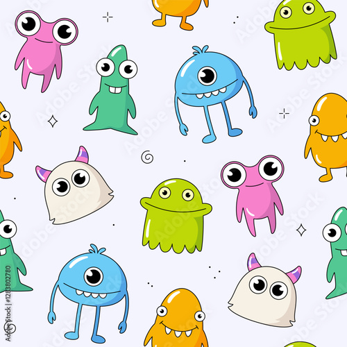 Cute comic cartoon stytle monsters seamless pattern, background. Funny monster characters, kids, children illustrations