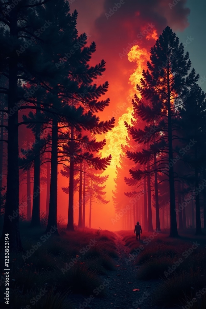 Flames engulfing trees in a forest during a windy night , smoke, blaze Flames engulfing trees in a forest during a windy night , smoke, blaze