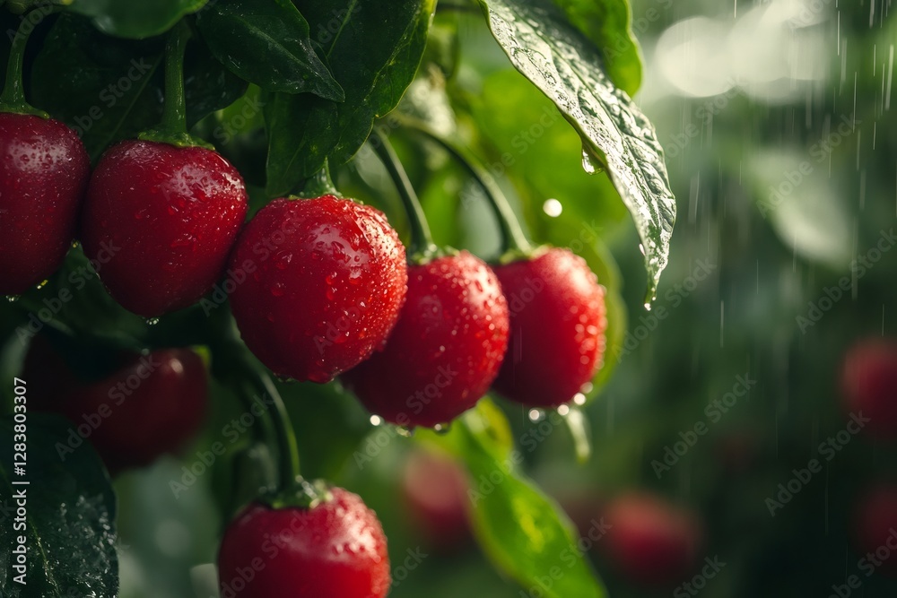 Obraz premium Ripe red cherry peppers growing on vine during rain shower