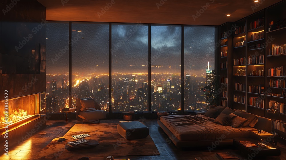 Fototapeta premium A cozy yet opulent penthouse bedroom, a wide glass wall showcasing a rain-soaked cityscape glowing with streetlights, warm and earthy-toned furniture, a fireplace casting a soft glow,