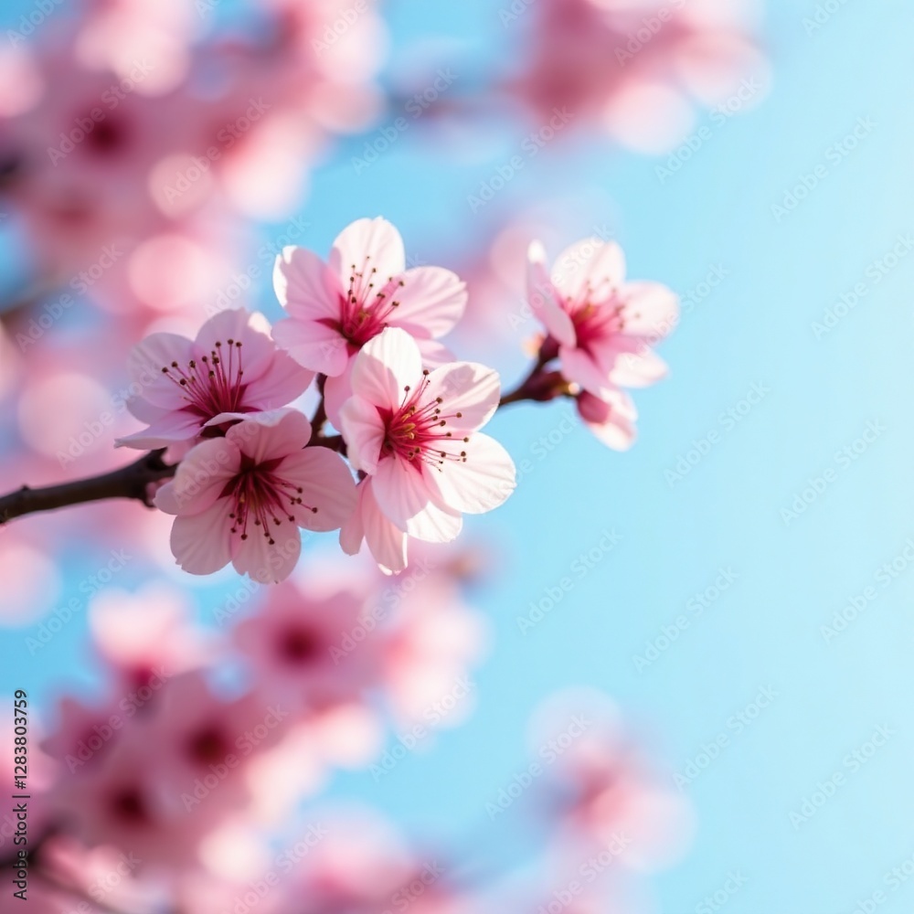 A branch of pink cherry blossoms against a soft blue sky, nature, blooming flower A branch of pink cherry blossoms against a soft blue sky, nature, blooming flower