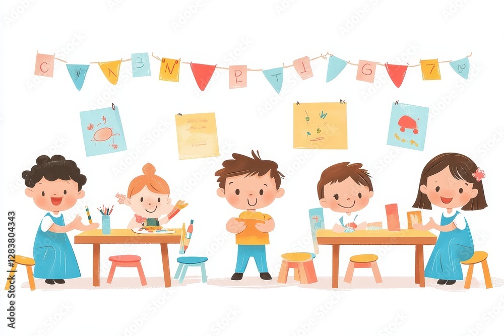 Happy kids creating art in preschool classroom Happy kids creating art in preschool classroom