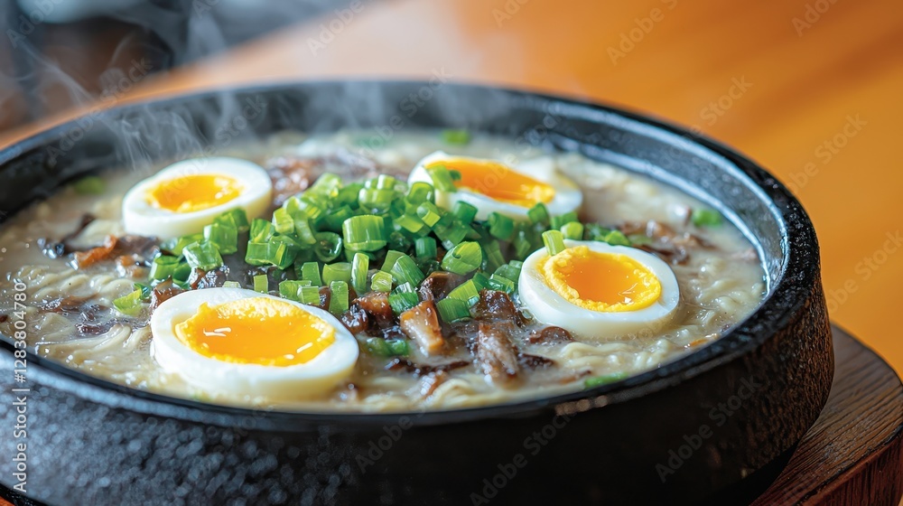 Delicious Hot Ramen Bowl with Soft Boiled Eggs and Green Onions Delicious Hot Ramen Bowl with Soft Boiled Eggs and Green Onions