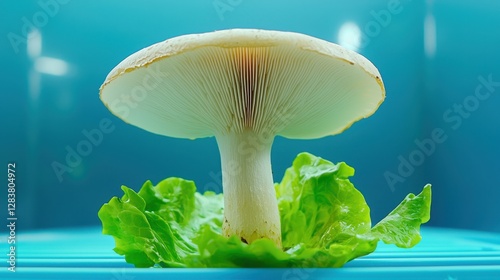 Fresh White Mushroom on Green Lettuce Against Blue Background