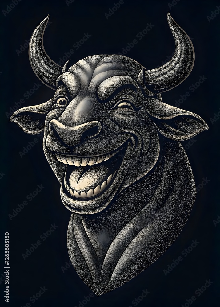 Obraz premium Smiling Bull Head Artistic Portrait Dark Background