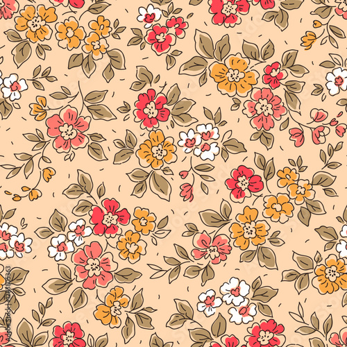 Vector seamless pattern. Pretty pattern
in small flowers. Small white, yellow and
red flowers. Ivory beige background.
Liberty floral background. Trendy
template for fashion prints. Stock vector.