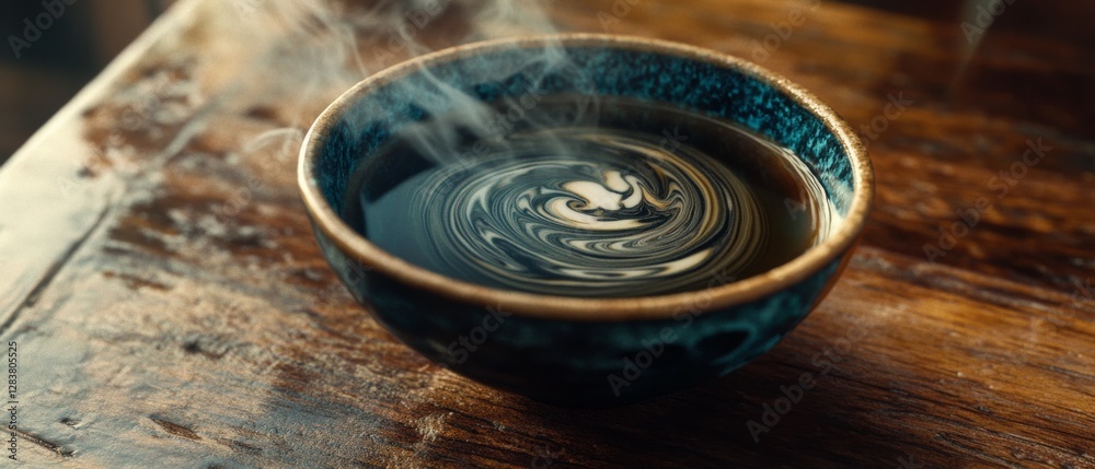 Steam swirls above a bowl of hot black tea on a rustic wooden table, creating an inviting and aromatic scene. Steam swirls above a bowl of hot black tea on a rustic wooden table, creating an inviting and aromatic scene.