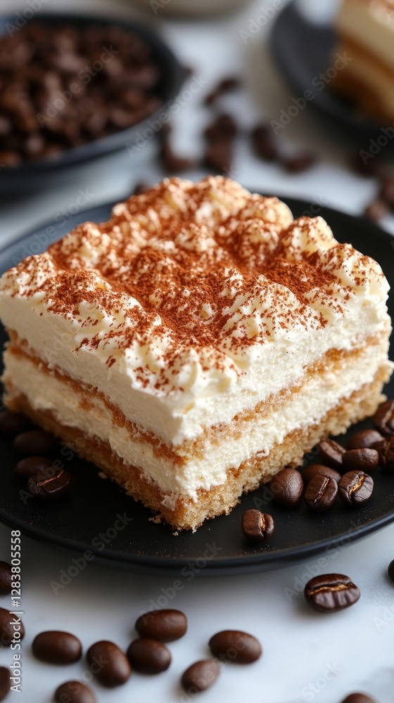 Tiramisu slice on dark plate, coffee beans Tiramisu slice on dark plate, coffee beans