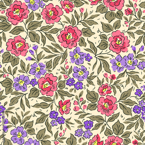Vintage floral background. Floral pattern
with pink and lilac flowers on a white
background. Seamless pattern for
design and fashion prints. Ditsy style.
Stock vector illustration. Hand drawn
vintage 