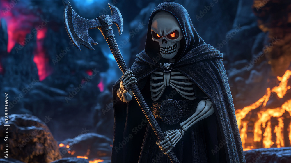 Naklejka premium Grim reaper with scythe in hell. Funny death Halloween character wear black chlamydia with skull under hood on background with rocks, lava and devil altar horror scene, Cartoon vector illustration