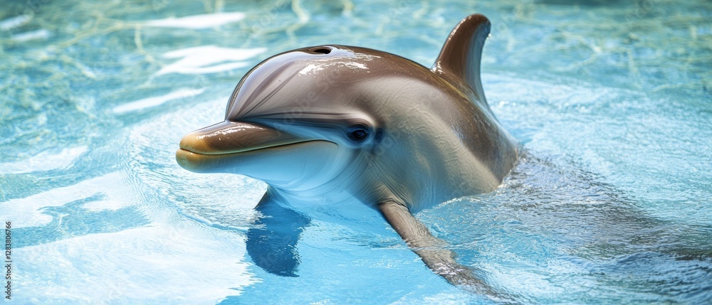 Obraz premium A playful dolphin gleefully surfaces in shimmering turquoise water, its smooth skin catching the sunlight, evoking a sense of joy and freedom.