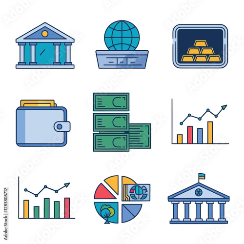 vector colorful economy trading graph cash money linked with curved dash line over the world bank