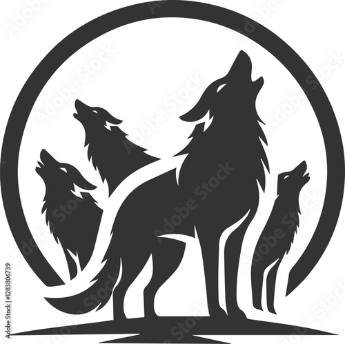 A pack leader wolf howling with its head higher than others vector animal silhouette