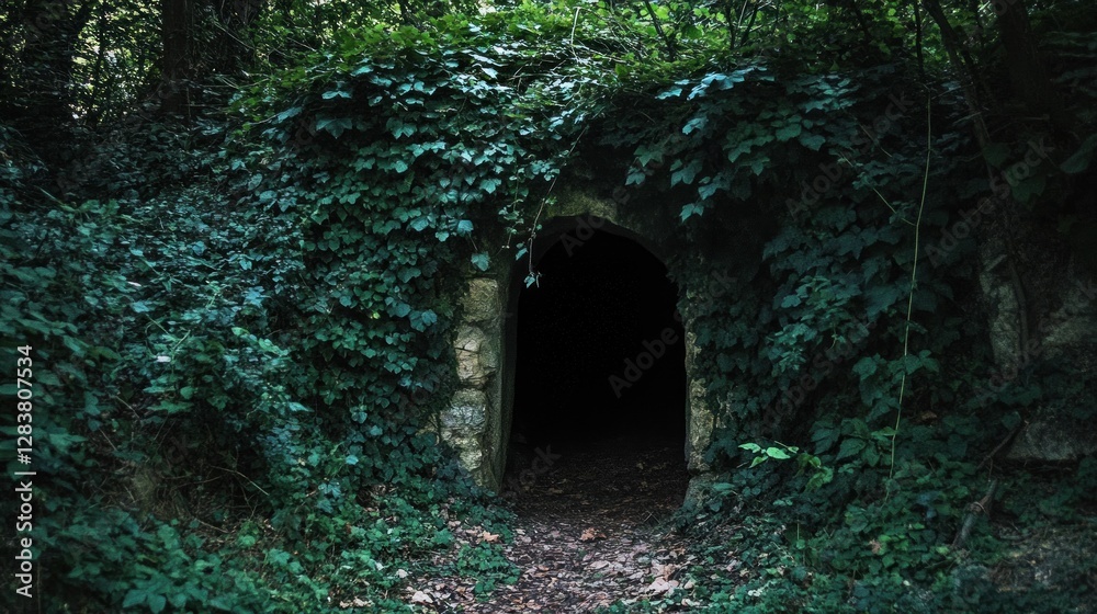 Enigmatic Forest Entrance: A Mysterious Stone Archway Concealed within Lush Greenery Enigmatic Forest Entrance: A Mysterious Stone Archway Concealed within Lush Greenery