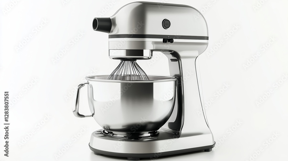 A silver kitchen food processor with a whisk attachment, isolated against a white background, a modern electric mixer for cooking A silver kitchen food processor with a whisk attachment, isolated against a white background, a modern electric mixer for cooking