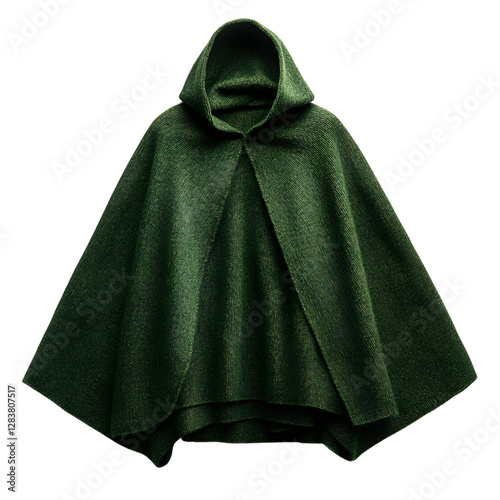 Deep Green Woolen Poncho with Hood Isolated on Transparent Background