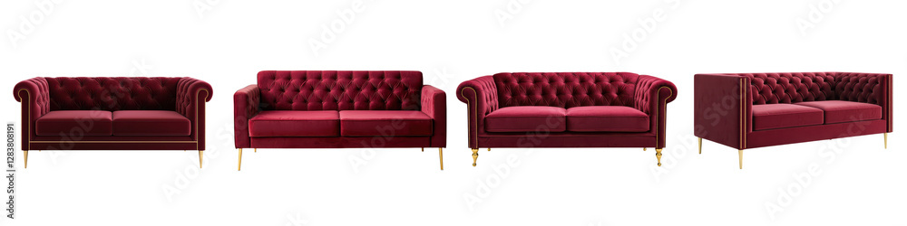 Naklejka premium Elegant and Sophisticated Living Room Interior Featuring Luxurious Burgundy Tufted Velvet Sofas and Plush Upholstery Showcasing Timeless Design and Opulent Home Decor