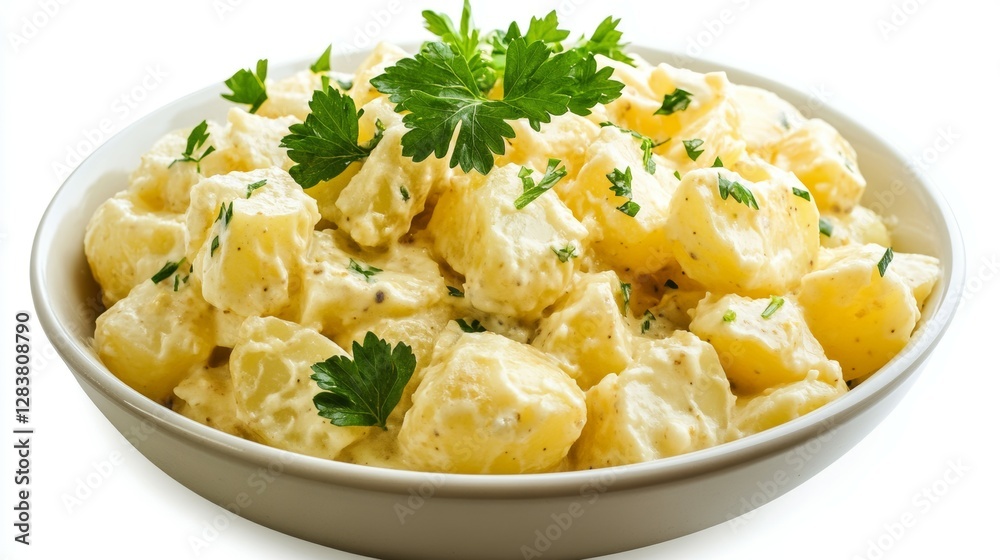 A Dish of Kartoffelsalat, a German Potato Salad Made with Mustard and Vinegar Dressing, Garnished with Fresh Parsley A Dish of Kartoffelsalat, a German Potato Salad Made with Mustard and Vinegar Dressing, Garnished with Fresh Parsley