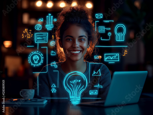 Innovative woman, digital creativity, futuristic technology, AI, brainstorming photo