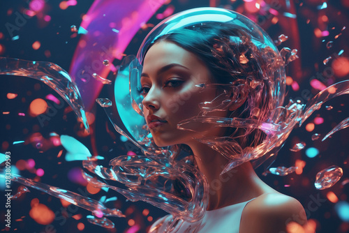A visionary female figure dons a gleaming metallic outfit and reflective visor, surrounded by vibrant, floating shapes. This dynamic artwork fuses futuristic style and sci-fi flair.