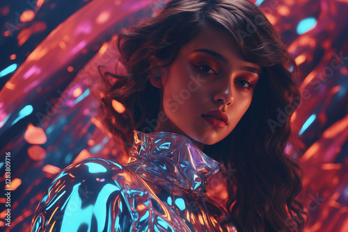 A visionary female figure dons a gleaming metallic outfit and reflective visor, surrounded by vibrant, floating shapes. This dynamic artwork fuses futuristic style and sci-fi flair.